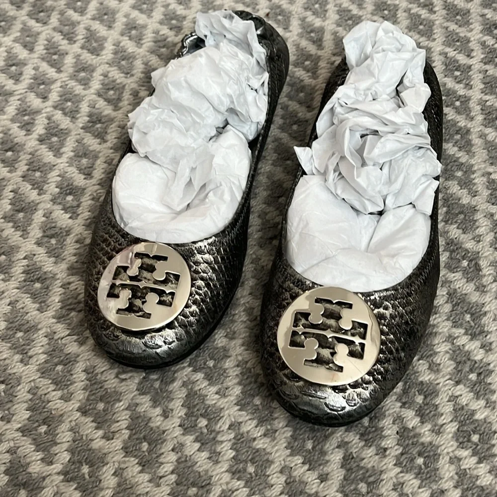 Tory Burch Reva Silver Ballet Flats Reptile Print